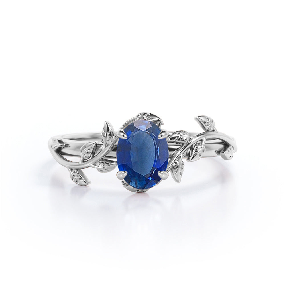1 carat Oval Cut Lab-created Sapphire Leaf Vine Engagement ring in White Gold