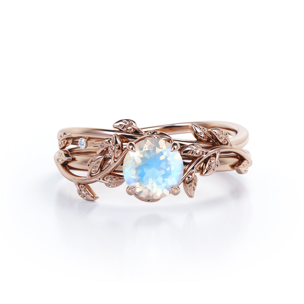 0.5 ct Round Blue Moonstone Leaf Style Wedding Set