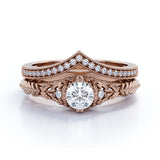 Engraved .68 Carat Round Cut Real Diamond Victorian-Inspired Wedding Ring Set with Chevron Wedding Band in 10k White Gold