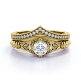 Engraved .68 Carat Round Cut Real Diamond Victorian-Inspired Wedding Ring Set with Chevron Wedding Band in 10k White Gold