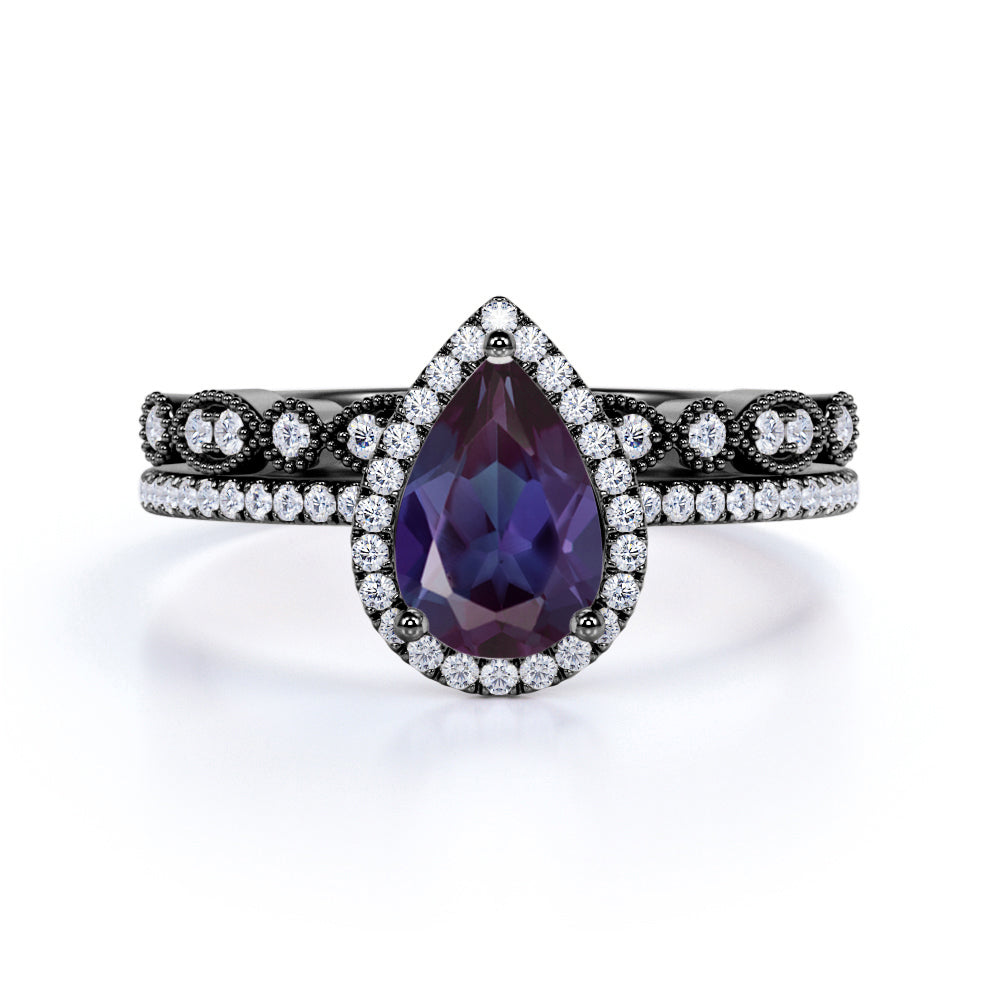 Halo 1.75 Ct Pear Lab Alexandrite Pave Bridal Set
