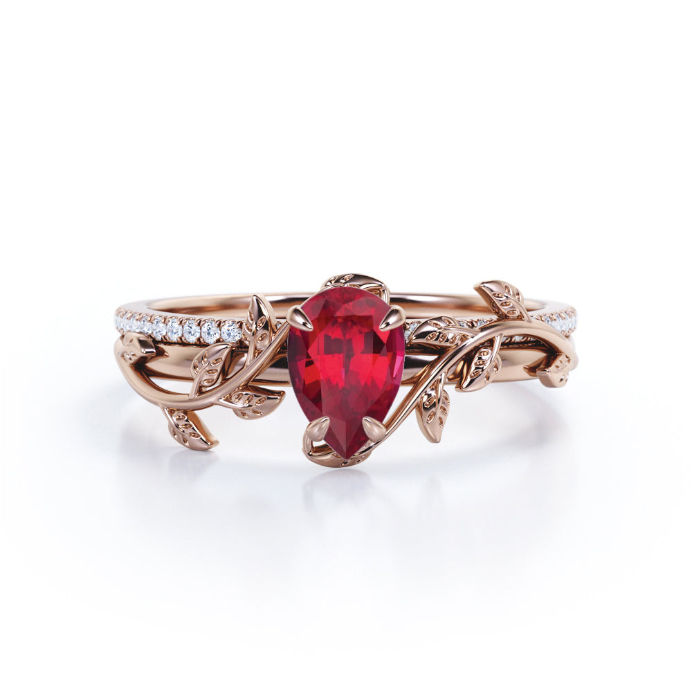 Art Deco 1.25 ct Pear Lab-Created Ruby Pave Bridal Set