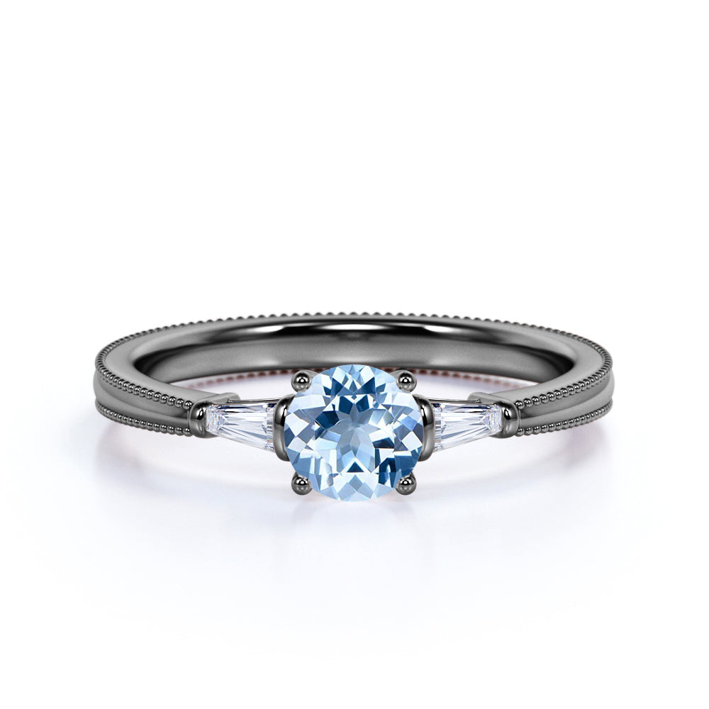 1.10 carat Round Sky Blue Created Aquamarine 3 Stone Simple Engagement Ring in 18k Yellow Gold over Silver