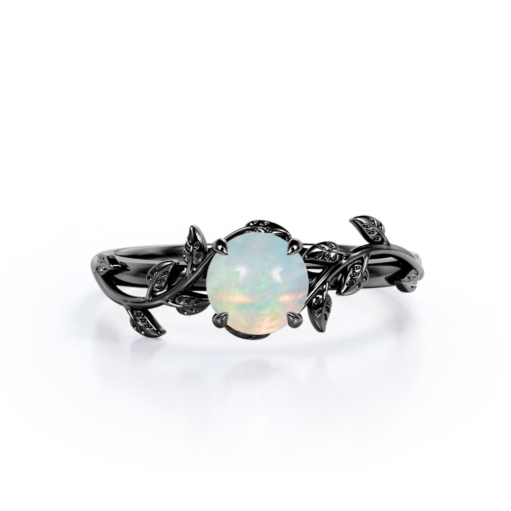 Botanical Design - 0.50 Carat Round Shaped White Fiery Opal - Solitaire Engagement Ring - 18K White Gold Plating over Silver
