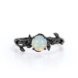 Botanical Design - 0.50 Carat Round Shaped White Fiery Opal - Solitaire Engagement Ring - 18K White Gold Plating over Silver