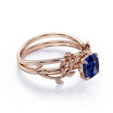 Floral 1 Ct Cushion Cut Lab Sapphire Wedding Ring Set