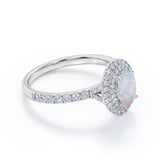 1.75 Carat Egg Shape Ethiopian Opal and Moissanite - Pave Set - Double Halo Cluster Engagement Ring - 18K White Gold Plating over Silver