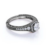 Vintage Beaded 1 Carat Round Moissanite Halo Engagement Ring