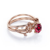 Nature Inspired 1 ct Round Lab-Created Ruby Wedding Set