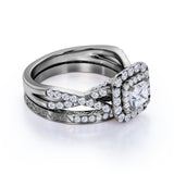1.75 ct - Square Moissanite - Double Halo - Twisted Band - Vintage Inspired - Pave - Wedding Ring Set in 18K Yellow Gold over Silver