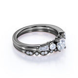 1.50 ct - Circle Cut Moissanite - Vintage - 5 Stone Ring - Art Deco - Scalloped - Wedding Set - 18K White Gold over Silver