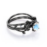 0.5 ct Round Blue Moonstone Leaf Style Wedding Set