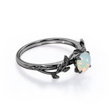 Botanical Design - 0.50 Carat Round Shaped White Fiery Opal - Solitaire Engagement Ring - 18K White Gold Plating over Silver