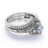 Engraved .68 Carat Round Cut Real Diamond Victorian-Inspired Wedding Ring Set with Chevron Wedding Band in 10k White Gold
