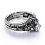 Engraved .68 Carat Round Cut Real Diamond Victorian-Inspired Wedding Ring Set with Chevron Wedding Band in 10k White Gold