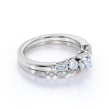 1.50 ct - Circle Cut Moissanite - Vintage - 5 Stone Ring - Art Deco - Scalloped - Wedding Set - 18K White Gold over Silver