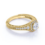 Vintage Beaded 1 Carat Round Moissanite Halo Engagement Ring