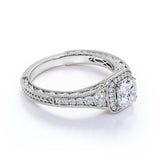 Vintage Beaded 1 Carat Round Moissanite Halo Engagement Ring