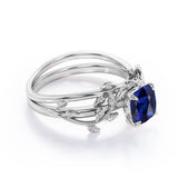 Floral 1 Ct Cushion Cut Lab Sapphire Wedding Ring Set