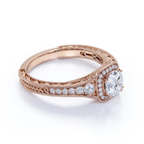 Vintage Beaded 1 Carat Round Moissanite Halo Engagement Ring