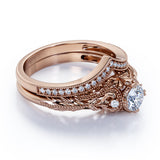 Engraved .68 Carat Round Cut Real Diamond Victorian-Inspired Wedding Ring Set with Chevron Wedding Band in 10k White Gold