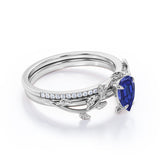 1.25 Ct Pear Cut Lab Sapphire Floral Wedding Ring Set