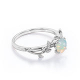 Botanical Design - 0.50 Carat Round Shaped White Fiery Opal - Solitaire Engagement Ring - 18K White Gold Plating over Silver