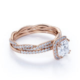 Pave 2 Carat Cushion Cut Moissanite Halo Bridal Set