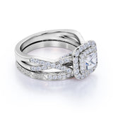 1.25 ct - Square Moissanite - Double Halo - Twisted Band - Vintage Inspired - Pave - Wedding Ring Set in 18K Rose Gold over Silver