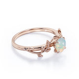Botanical Design - 0.50 Carat Round Shaped White Fiery Opal - Solitaire Engagement Ring - 18K White Gold Plating over Silver