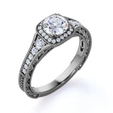 Vintage Beaded 1 Carat Round Moissanite Halo Engagement Ring