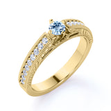 1 carat Round Sky Blue Created Aquamarine Modern Anniversary Ring in 18k Yellow Gold over Silver