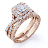1.75 ct - Square Moissanite - Double Halo - Twisted Band - Vintage Inspired - Pave - Wedding Ring Set in 18K Yellow Gold over Silver