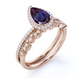 Halo 1.75 Ct Pear Lab Alexandrite Pave Bridal Set