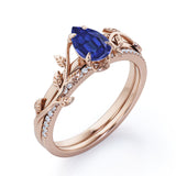 1.25 Ct Pear Cut Lab Sapphire Floral Wedding Ring Set