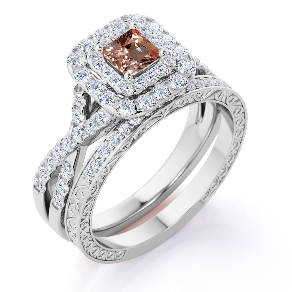 1.25 carat - Princess Cut - Champagne created morganite - Double Halo - Twisted Band - Vintage Inspired - Wedding Ring Set in 18K Rose Gold over Silver