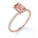 1.25 Carat Emerald Cut Created Morganite Solitaire Pave Engagement Ring in 18k Rose Gold over Silver