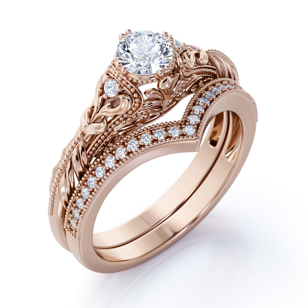 Engraved .68 Carat Round Cut Real Diamond Victorian-Inspired Wedding Ring Set with Chevron Wedding Band in 10k White Gold