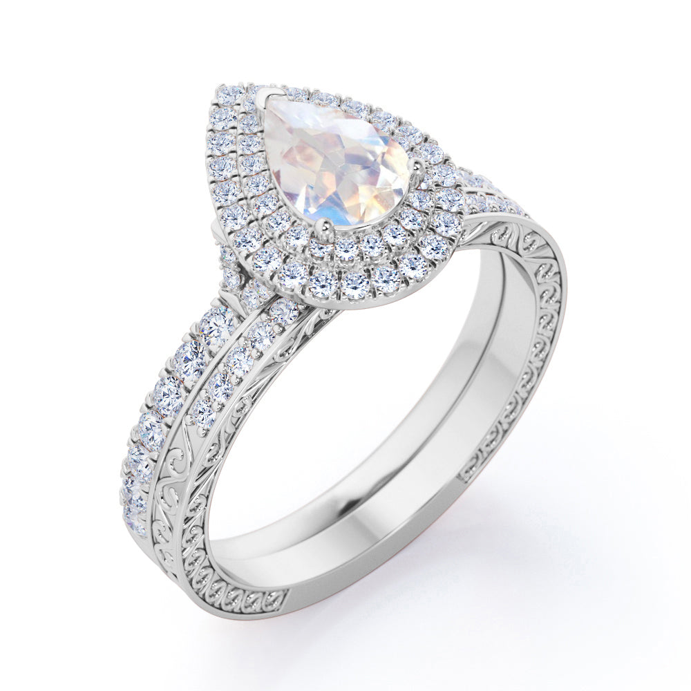1.25 ct Teardrop Moonstone Duo Halo Bridal Set