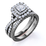 1.25 ct - Square Moissanite - Double Halo - Twisted Band - Vintage Inspired - Pave - Wedding Ring Set in 18K Rose Gold over Silver