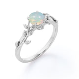 Botanical Design - 0.50 Carat Round Shaped White Fiery Opal - Solitaire Engagement Ring - 18K White Gold Plating over Silver