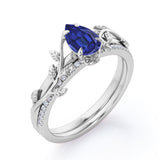 1.25 Ct Pear Cut Lab Sapphire Floral Wedding Ring Set