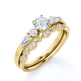 1.50 ct - Circle Cut Moissanite - Vintage - 5 Stone Ring - Art Deco - Scalloped - Wedding Set - 18K White Gold over Silver