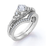 Engraved .68 Carat Round Cut Real Diamond Victorian-Inspired Wedding Ring Set with Chevron Wedding Band in 10k White Gold