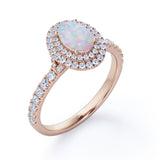 1.75 Carat Egg Shape Ethiopian Opal and Moissanite - Pave Set - Double Halo Cluster Engagement Ring - 18K White Gold Plating over Silver