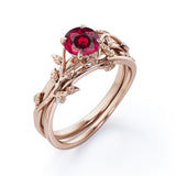 Nature Inspired 1 ct Round Lab-Created Ruby Wedding Set