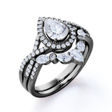 1.25 Carat Pear Cut Moissanite Bohemian Wedding Set - Infinity Engagement Ring with Art Deco Wedding Band in 10k White Gold