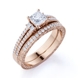 Stunning 1.25 ct - Princess Cut Moissanite - Pave - Vintage - Double Band Engagement Ring - Bridal Set - 18K White Gold over Silver