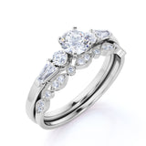 1.50 ct - Circle Cut Moissanite - Vintage - 5 Stone Ring - Art Deco - Scalloped - Wedding Set - 18K White Gold over Silver