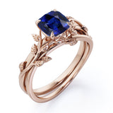 Floral 1 Ct Cushion Cut Lab Sapphire Wedding Ring Set